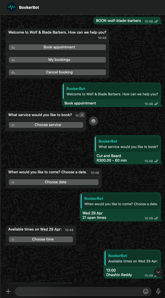 WhatsApp booking conversation showing a BookerBot appointment flow